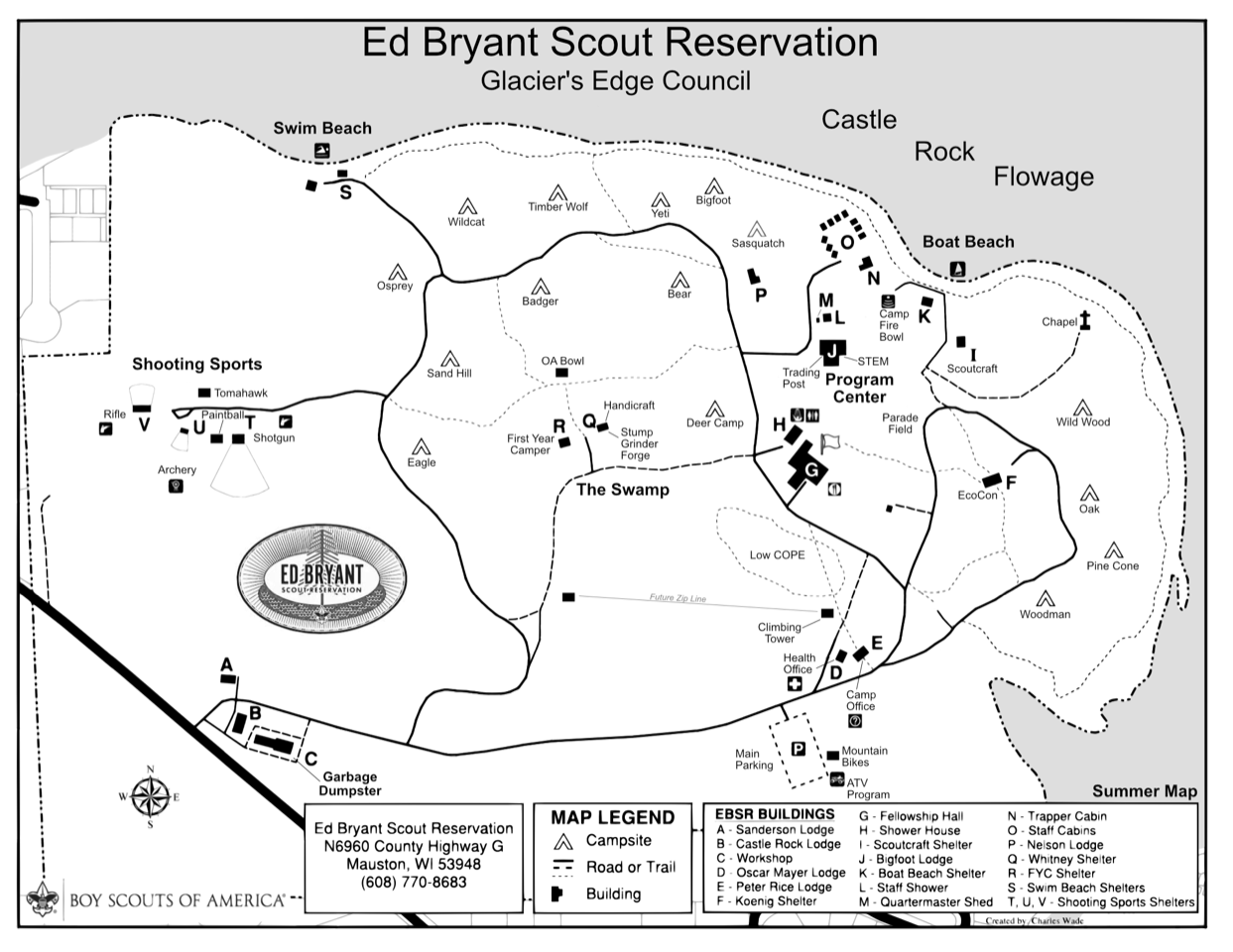 Ed Bryant Scout Reservation camp map showing campsites, program areas, and facilities